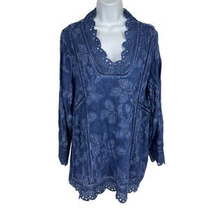 Soft Surrounding Blue Deidre Tunic Top Eyelet Embroidered Size L